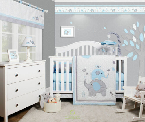 OptimaBaby Bumperless 5PCS Blue Grey Elephant Baby Nursery CRIB BEDDING SET