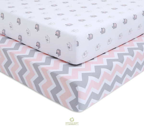 OptimaBaby 2PCS Pack Pink Elephant Chevron Fitted Crib Sheets
