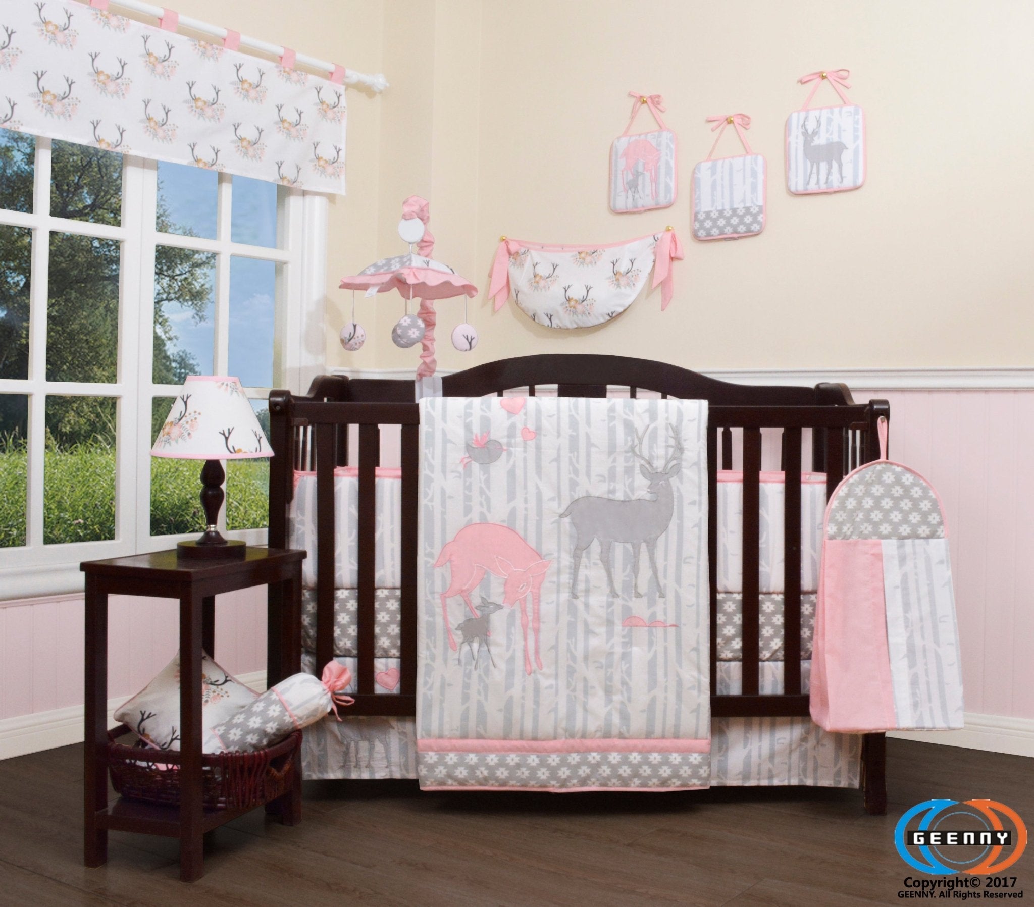 Bumperless Baby Girl Deer Family 12 Piece Nursery Crib Bedding Set optimababy