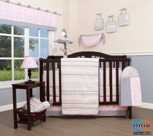 Buy Online Best Bumperless Baby Pink Grey Bohemia Geometry 12 Piece Nursery CRIB BEDDING SET - optimababy