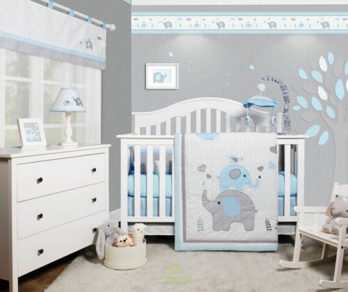 Nursery Decor Blue And Grey Elephant Crib Bedding OptimaBaby