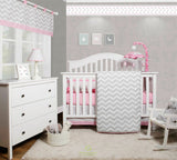 OptimaBaby Bumperless Pink Grey Chevron 5 Piece Baby Nursery CRIB BEDDING SET