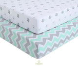 OptimaBaby 2PCS Pack Green Elephant Chevron Fitted Crib Sheets