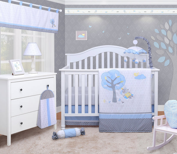 OptimaBaby Bumperless 6PCS Blue Little Puppy Dog Boy Baby Nursery Crib Bedding Set